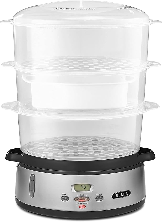 BELLA 9.5 QT Triple Tier Digital Food Steamer, Healthy Fast Simultaneous Cooking, Stackable Baskets for Vegetables or Meats, RiceGrains Tray, Auto Shutoff  Boil Dry Protection, Stainless Steel