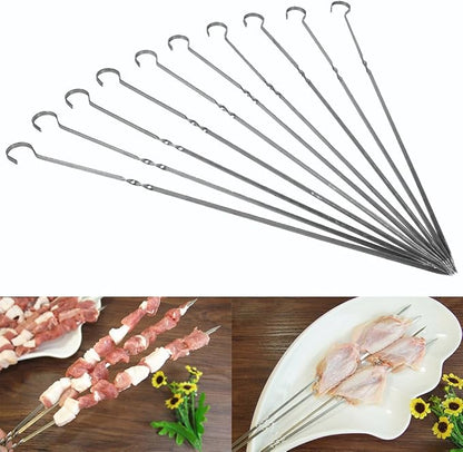 10PCS BBQ Grilling Skewers, Stainless Steel Kabob Needle with Anti Skid Handle and Hook Design, Proof and Washable, Ideal for Meat, Seafood, Vegetables, Sausage and More