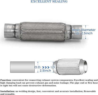 RP Remarkable Power, RK7547 Exhaust Flex Pipe 2.5" x 10" Heavy Duty Stainless Steel 14"OL