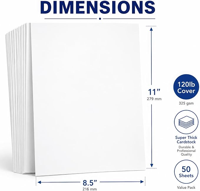 120lb Cover Thick Cardstock Paper - Plain Heavy Bright White Stock - 8.5" x 11" (50 Sheets)