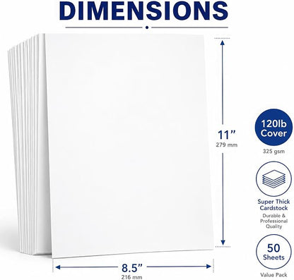 120lb Cover Thick Cardstock Paper - Plain Heavy Bright White Stock - 8.5" x 11" (50 Sheets)