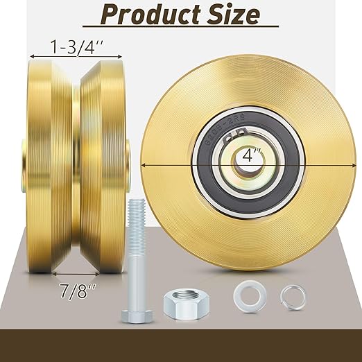 Tatuo 4" Solid Slide V Groove Wheels Heavy Duty Sliding Gate Rollers Wheels 1-34" Width Rolling Gate Caster Rollers 2500 Lbs Capacity with Screw Double Bearing Pair(1 Set)