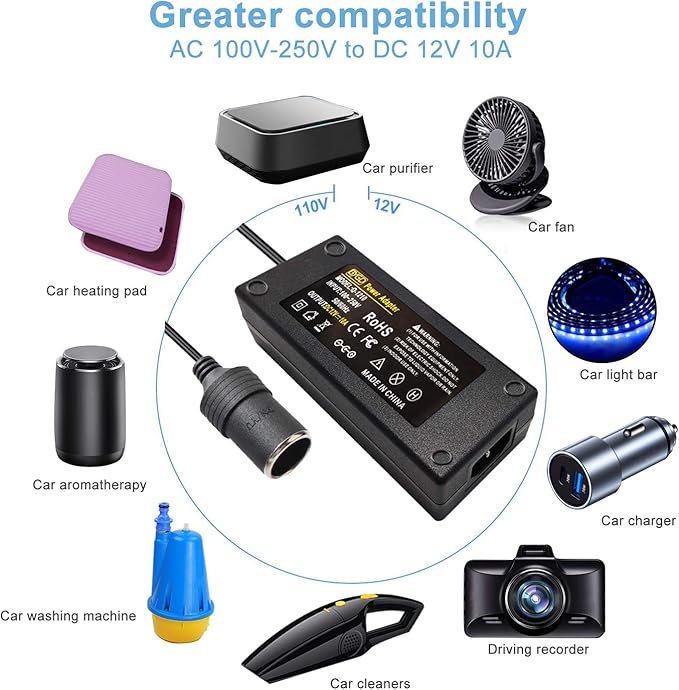 BYGD 12V 10A Car Power Adapter, AC to DC Converter Female Auto Cigarette Lighter Plug 100V  240V 120W Power Supply Adapter Transformer for Car Vacuum Cleaner, and Other Car Devices