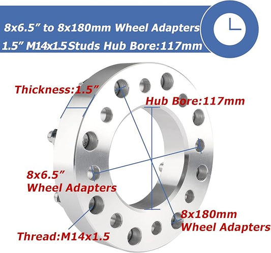 2pcs 8x6.5 to 8x180 Wheel Adapters, 1.5 Inch 8x165.1 to 8x180 Wheel Adapters 117mm Center core for 1999-2010 Silverado Sierra 2500 3500 HD with M14x1.5 Studs, Chrome