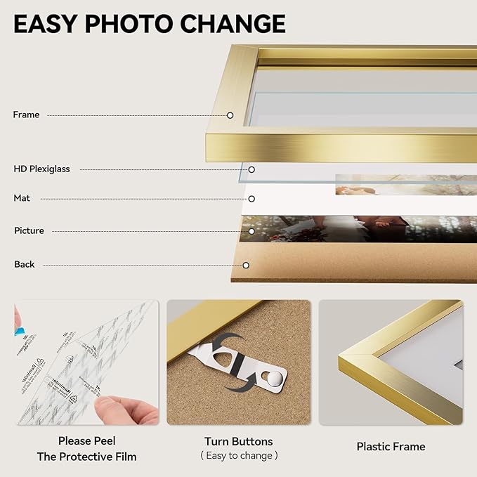 HappyHapi 11 x 14 inch gold picture frame, 8 x 10 inch gold photo frames with passepartout or 11 x 14 inches without passepartout, 1 pack of plastic wall frame for