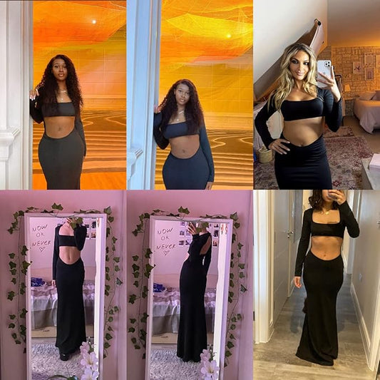 Suillty Women Sexy Hollow Out Bodycon Dress Long Sleeve Backless Belly Cutout Long Dresses for Cocktail Party Festival