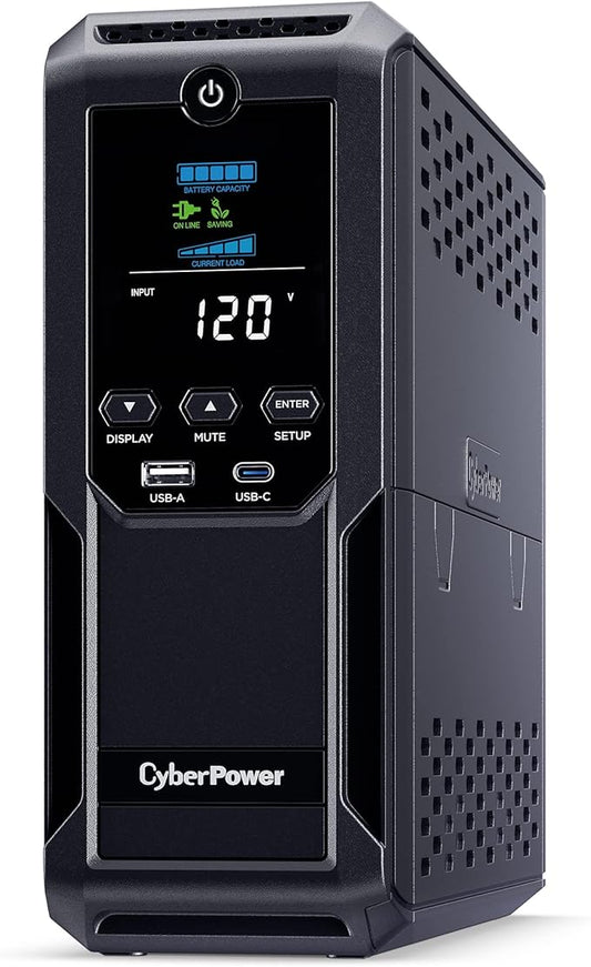 CyberPower CP1500AVRLCD3 Intelligent LCD UPS System, 1500VA900W, 12 Outlets, 2 USB Ports, AVR, Mini Tower, Black