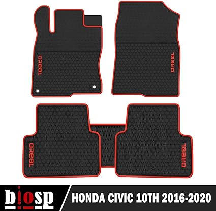 biosp Car Floor Mats for Honda Civic 10th 2016 2017 2018 2019 Front And Rear Seat Heavy Duty Rubber Liner Black Red Vehicle Carpet Custom Fit- All Weather Guard Odorless