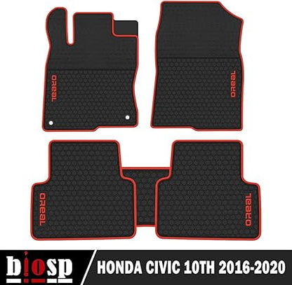 biosp Car Floor Mats for Honda Civic 10th 2016 2017 2018 2019 Front And Rear Seat Heavy Duty Rubber Liner Black Red Vehicle Carpet Custom Fit- All Weather Guard Odorless