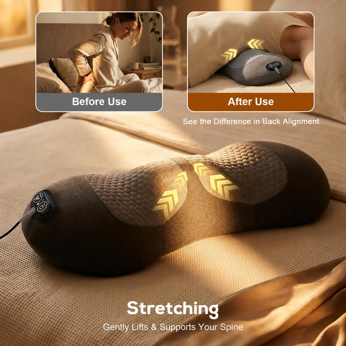 Freebody Upgraded 3-in-1 Lumbar Support Pillow with Heat, Vibration & Stretching, Ergonomic Electric Lumbar Pillow, Portable Lower Back Support Cushion for Home, Office, Car & Travel