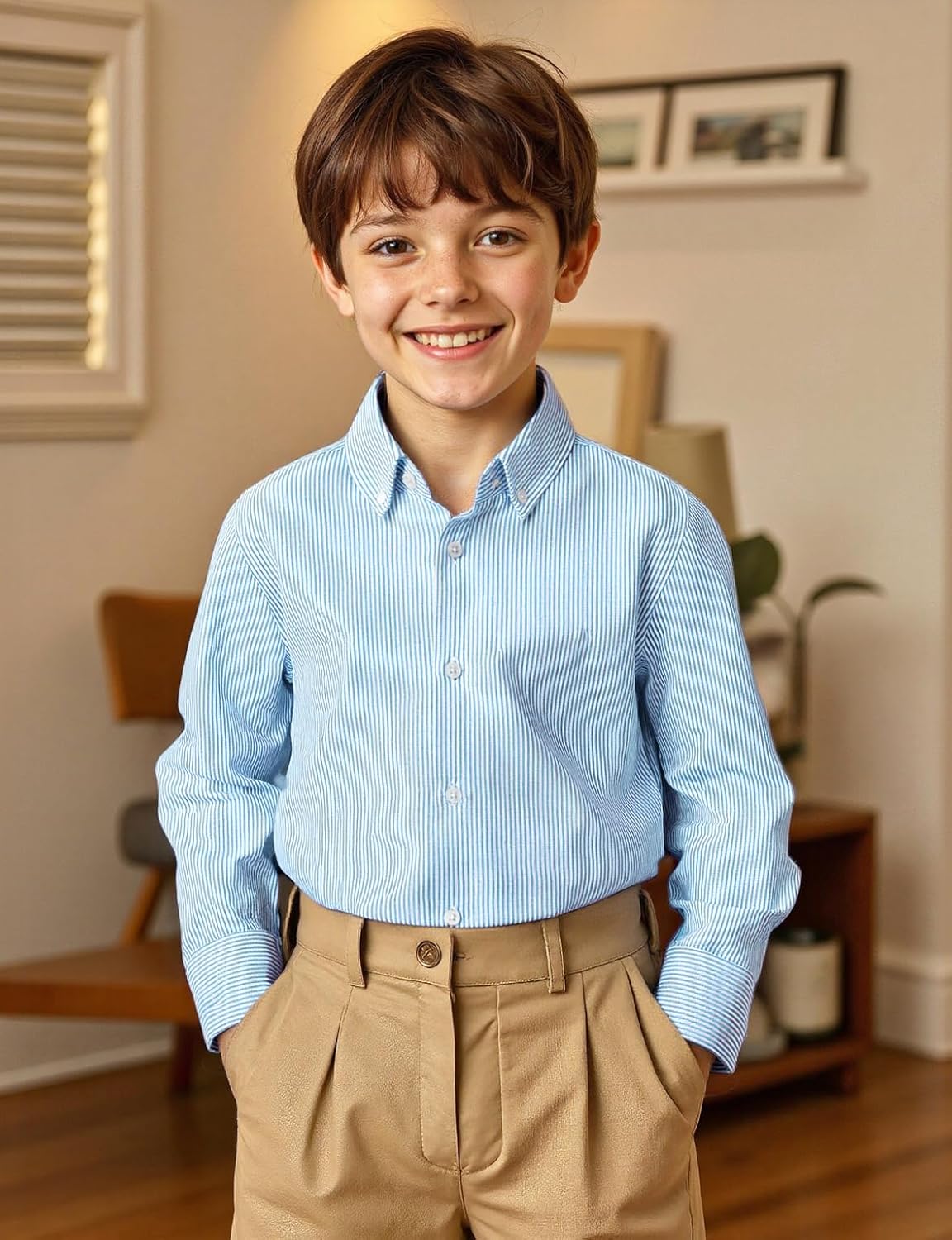 JOGAL Boys Long Sleeve Oxford Dress Shirts Casual Button Down Shirts Striped Tops for 6-14 Years