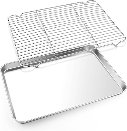 E-far Cookie Sheet with Rack Set, Half Sheet Baking Pan for Oven Cooking, 18x13 Stainless Steel Rimmed Tray with Wire Cooling Rack for Roasting Broiling Bacon Meat Steak - Dishwasher Safe