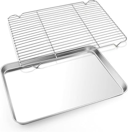E-far Cookie Sheet with Rack Set, Half Sheet Baking Pan for Oven Cooking, 18x13 Stainless Steel Rimmed Tray with Wire Cooling Rack for Roasting Broiling Bacon Meat Steak - Dishwasher Safe