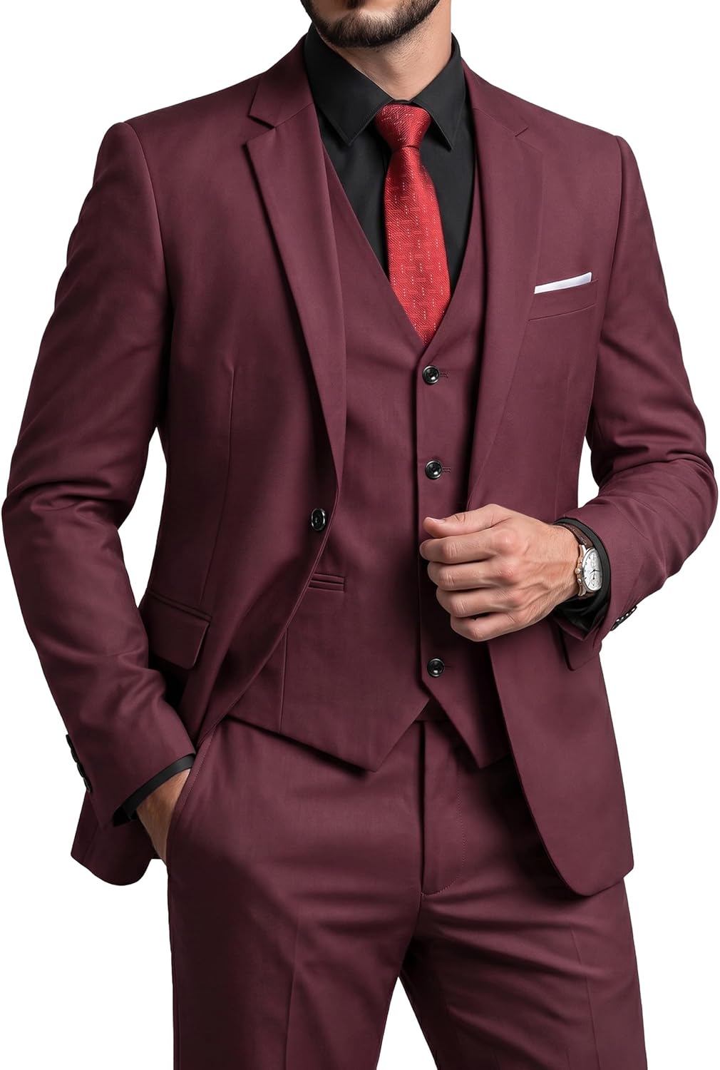 YND Men's Slim Fit 3 Piece Suit Set, One Button Solid Blazer Vest Pants with Tie 3 sustainability features