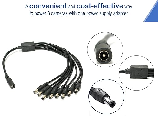 8 Way DC Power Supply Splitter for Security Cameras 1 Female to 8 Male 5.5  2.1mm 8 Channel Y Adaptor for CCTV Surveillance Cameras (1)