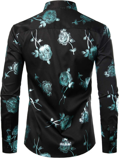 Mens Hipster 3D Golden Rose Floral Printed Slim Fit Long Sleeve Button Down Dress Shirts