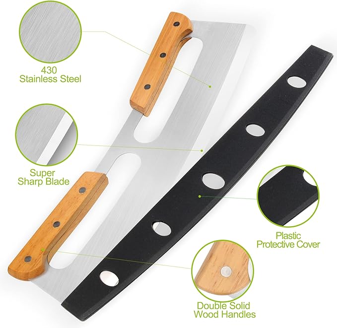 Pizza Cutter Rocker with Wooden Handles  Protective Cover, 14" Sharp Stainless Steel Pizza Slicer Wheel, Big Pizza Knife Cutters for Kitchen Tool (14inch)