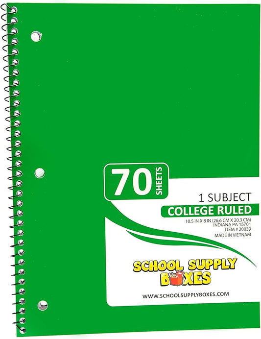 School Supply Boxes  (Green College-Ruled 1 Subject Notebooks  6 Pack  10.5 IN x 8 IN (70 Sheets) Notebooks for School, Work  Office