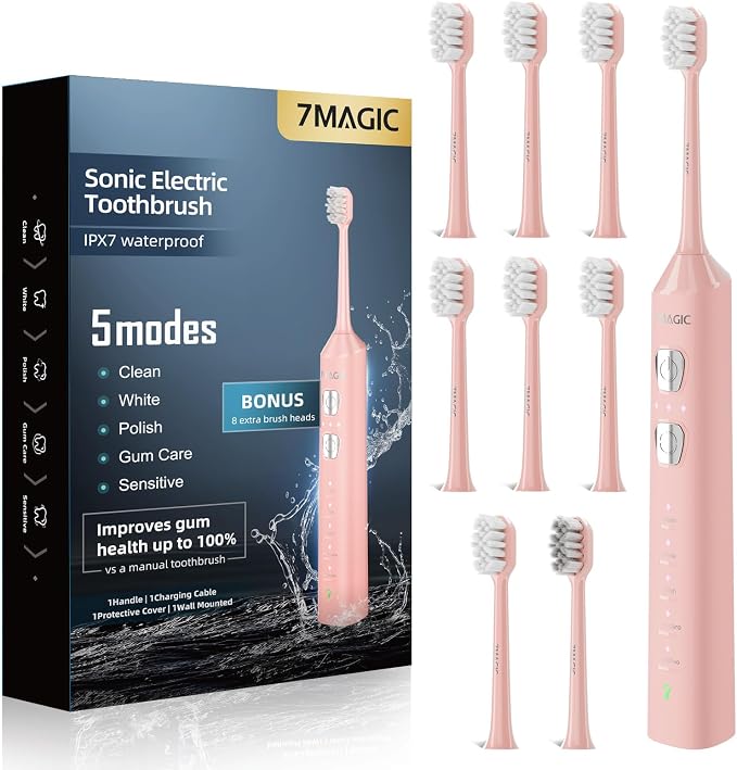 7MAGIC Sonic Electric Toothbrush, 180-Day Runtime, 42000 VPM, 8 Heads, Pink