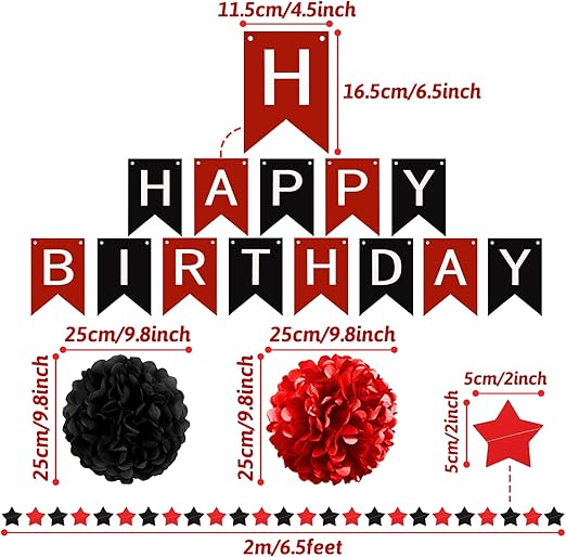 Black and Red Birthday Decorations, Happy Birthday Decorations with Banner for Boys Girls Men Women Birthday Party Decorations Supplies