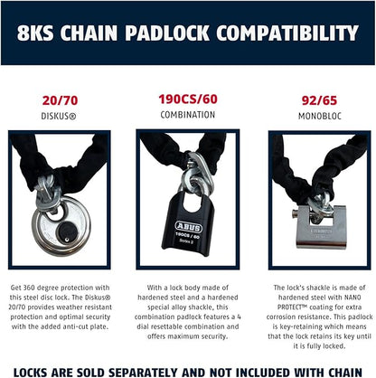 ABUS Hardened Steel 8KS 10 Foot x 5/16" Thick Square Security Chain for Bikes, Containers, Trailers, ATV, Motorcycles and Personal/Industrial Property