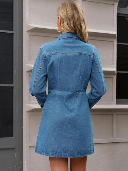 CIMUK Women's Denim Mini Dress Button Down Collared Long Sleeve A-Line Jean Dresses