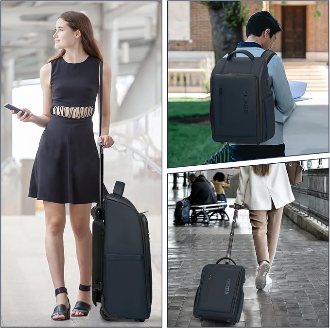 Rolling Backpack Waterproof Commuter Backpack with Wheels for Business, Laptop Compartment for 17.3-Inch Laptop, Wheeled Carry-On Bag for Adults - deep blue