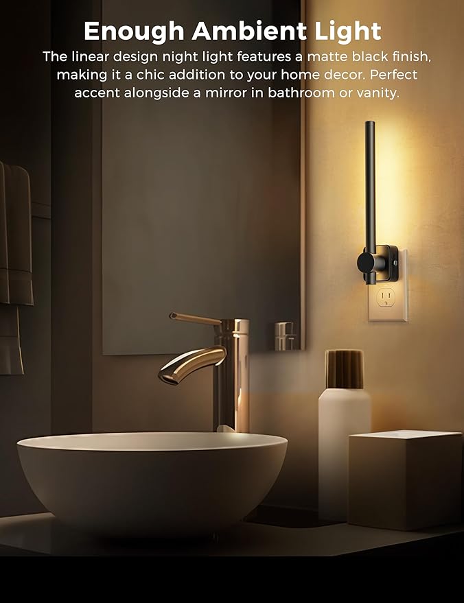 L LOHAS LED Night Light, Black Vanity Night Light Plug into Wall 0-200LM, Dusk to Dawn Sensor, 2 W Dimmable Night Lights, Soft White 3000K, Modern Nightlight for Bathroom Mirror Restroom, 1 Pack