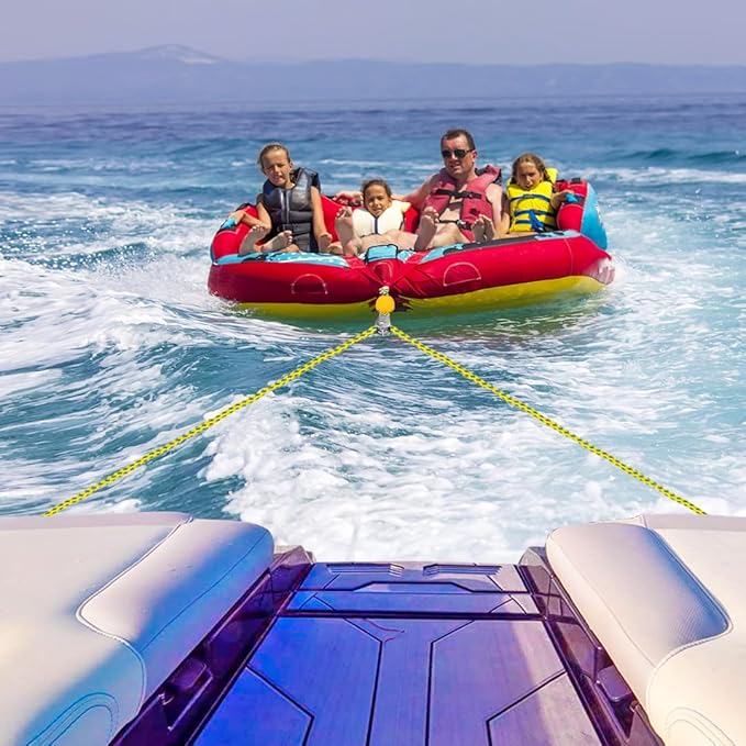 SELEWARE Self-Centering Boat Tow Harness for Tubing, Stainless Steel Quick Connector, Heavy Duty Floating Tow Rope for 1-4 Riders, Wakeboarding  Jet Ski
