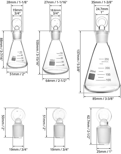 QWORK Borosilicate 3.3 Glass Erlenmeyer Flask Set (50, 100 and 250ml), 3 x Graduated Conical Flask with Glass Stopper for Lab, Experiment, Chemistry