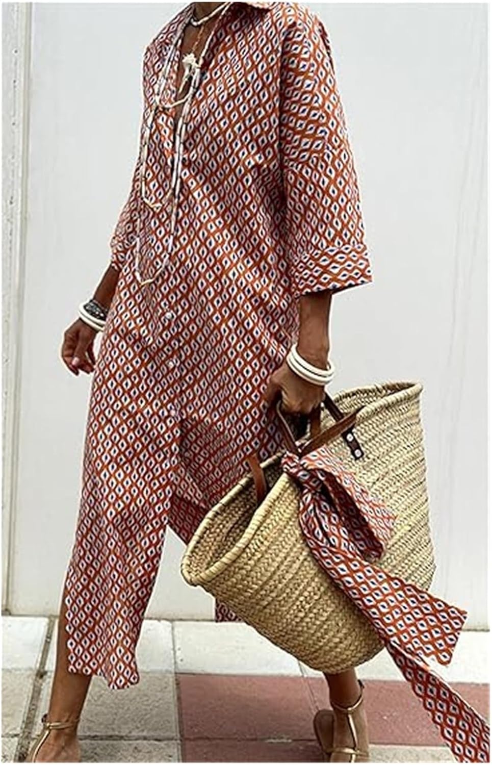 Orange Color DGDXLMPNR Shirt Dress, Striped Lace-Up Shirt Dress, Lapel Slit.
