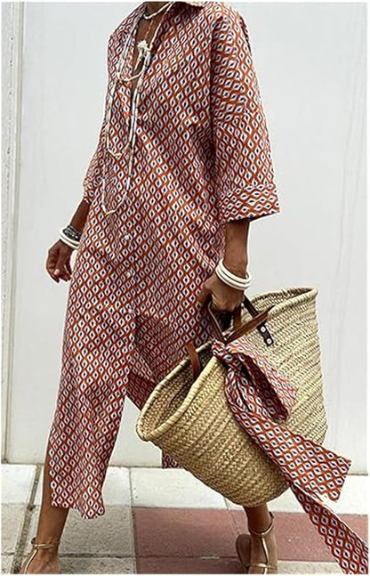 Orange Color DGDXLMPNR Shirt Dress, Striped Lace-Up Shirt Dress, Lapel Slit.