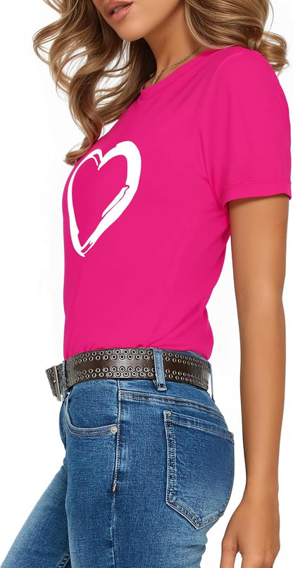 HERLOLLYCHIPS Women Cute Heart Graphic Crewneck Short Sleeve Regular Fit Casual Tee T-Shirts Tshirt Tops