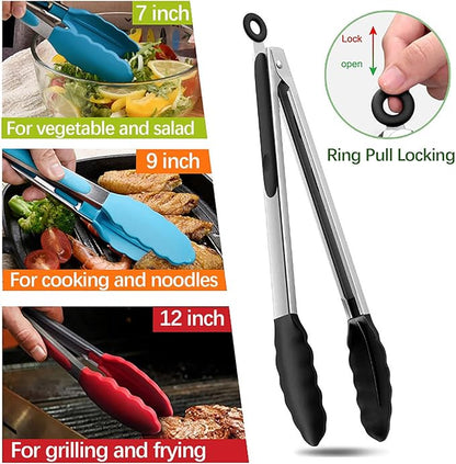Tongs For Cooking - 7 inch Kitchen Tong with Silicone Tip, Heat Resistant Metal Food Tongs, Stainless Steel Non-Stick Kitchen Tongs for Salad, BBQ Baking, Grilling, Cooking, Dining (Red)
