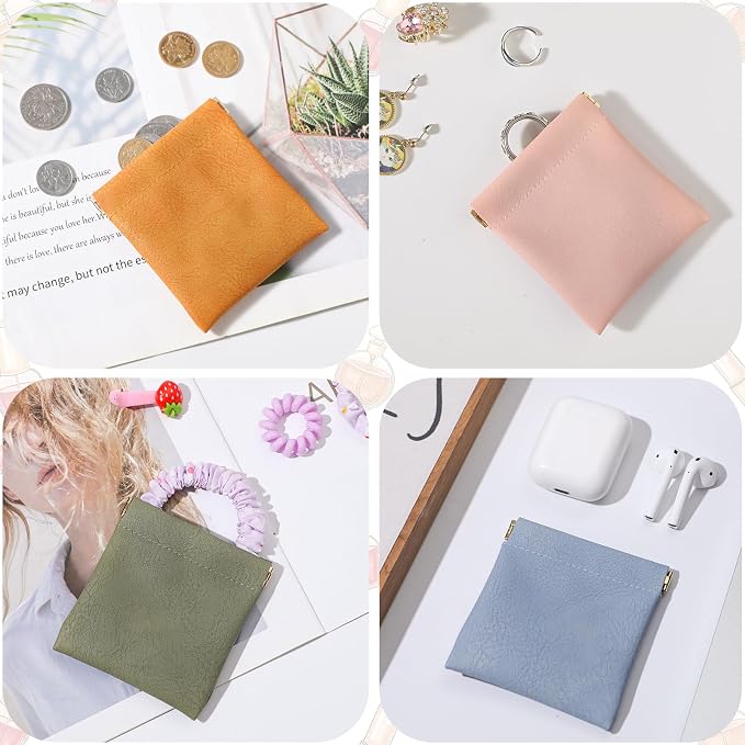 4 Pack Squeeze Coin purse, 3.5x3.1 inch PU Leather Mini Change Pouch for Coins, Jewelry, Earphones. Unisex Travel Coin purse for Men and Women