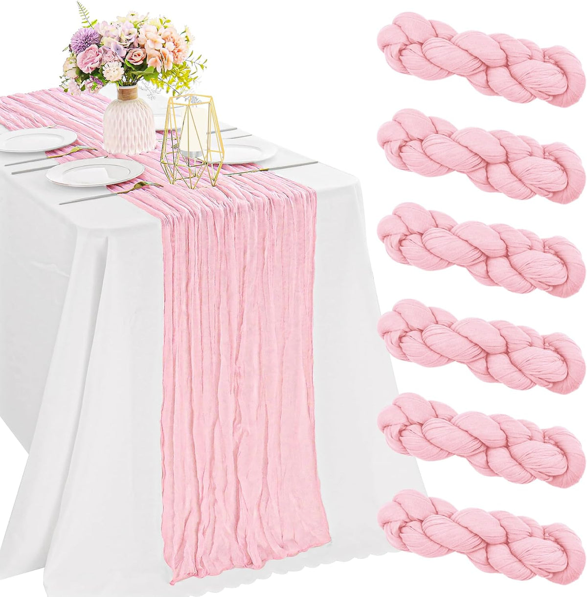 2 Pieces Pink Cheesecloth Table Runner Boho Gauze Fabric Table Runner Rustic Sheer Runner for Wedding Birthday Baby Shower Party Boho Table Decoration?Pink?