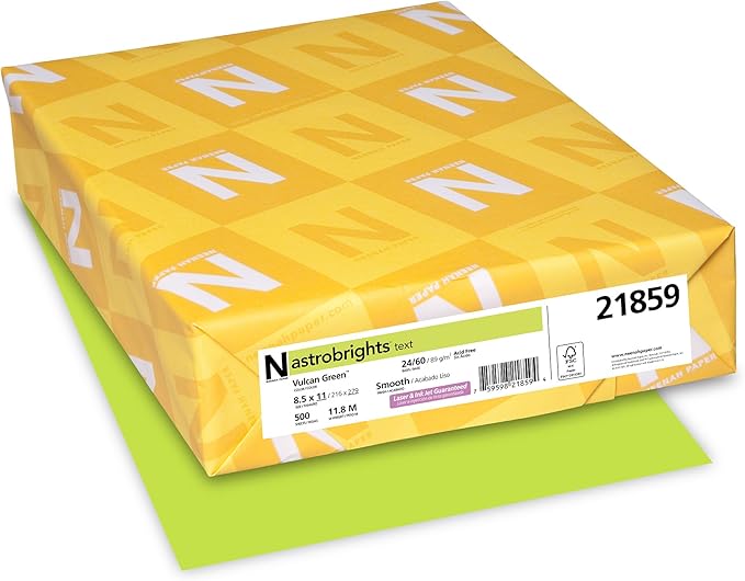 Neenah 21859 Astrobrights Color Paper, 8.5a x 11a, 24 lb  89 gsm, Vulcan Green, 500 Sheets