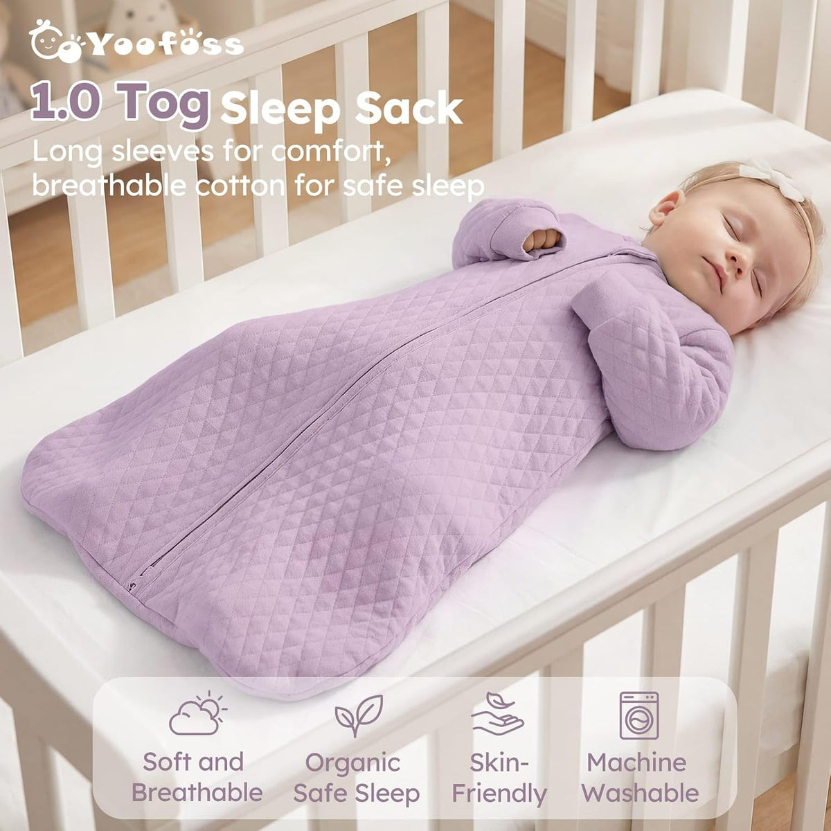 Yoofoss Baby Sleep Sack 12-18 Months 1.0 Tog Long Sleeve Sleep Sack Organic Cotton Wearable Blanket for Toddlers 2-Way Zipper Quilted Sleeping Sacks(Large)