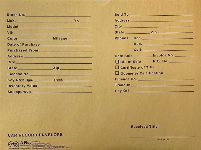 A Plus Car Record Envelope 19 Vehicle Dealer Jackets, 100 Quantity, Buff (W3)
