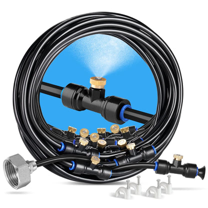HOMENOTE Misting Cooling System Green, 42FT(13M) Pre-Assembled Kit with 15 Brass Nozzles & 3/4" Brass Adapter, Cooling Mister for Patio, Backyard, Pets, Garden & Greenhouse