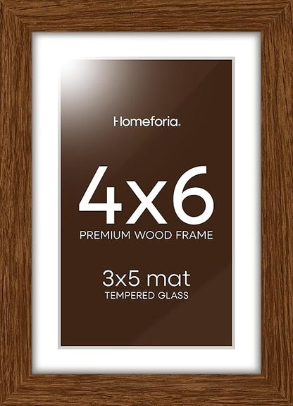 Homeforia 4x6 Brown Picture Frame Wood, High End 4x6 Dark Wooden Frames for Wall or Tabletop, Photo Frames 4 x 6 Brown with Mat 3x5, Tempered Glass, Wall Kit, Set of 1