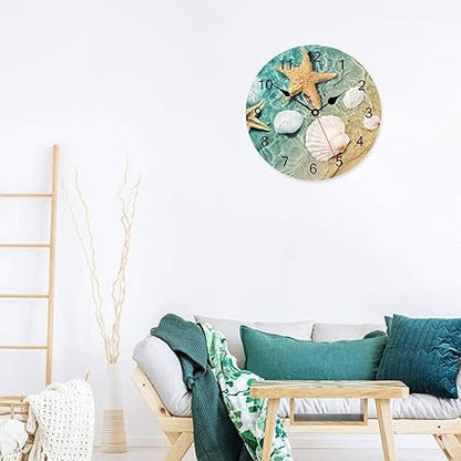 TAHEAT Marine Seashell Starfish Wall Clock, Silent Non Ticking Decorative Clocks, Battery Operated Easy to Read Wall Clock for Home Office School, 14 Inch