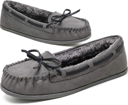 KOLILI Womens Faux Fur Moccasin Slippers, Indoor Outdoor Warm & Cozy House Shoes with Durable Rubber Sole