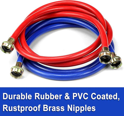 2 PACK Rubber 6FT Washing Machine Hoses Burst Proof Red and Blue Coded Washer Hoses for Hot and Cold Water 34" Connection Water Supply Lines by Fetechmate