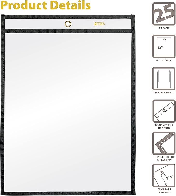 Better Office Products Shop Ticket Holders, 9 x 12 Inches, Both Sides Clear, Stitched Black Edge Trim, 25 Pack