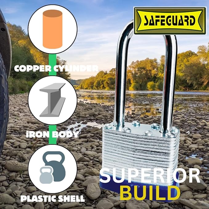 SAFEGUARD 30mm1.18" High-Security Long Shank Laminated Padlock with Hardened Shackle and Copper Lock Cylinder