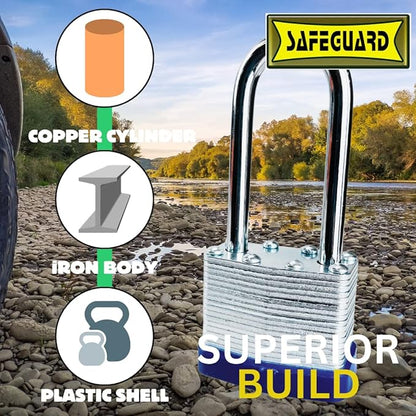 SAFEGUARD 30mm/1.18" High-Security Long Shank Laminated Padlock with Hardened Shackle and Copper Lock Cylinder