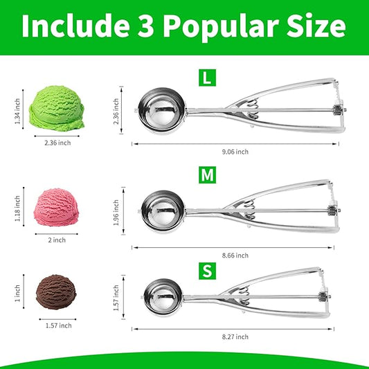3PCS Ice Cream Scoop,Premium cookie scoop set,SmallMediumLarge stainless steel Scoops,Professional Ice cream Scooper with Trigger Release for Baking, Cookie, Fruit and Ice Cream by AOULELA