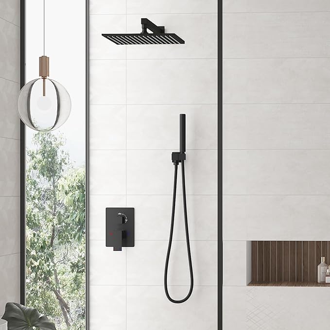 Hoimpro 12 Inch Square Rain Shower Head, Large Waterfall Rainfall Showerhead, High Pressure Stainless Steel Rainfall Rainhead, 116 Ultra-Thin Water Saving Design with Silicone Nozzle, Matte Black