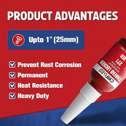 Threadlocker 271, Red High Strength Permanent Thread Lock Glue (0.33Fl oz/10ml) - Lock Tight Screw Glue for Nuts, Bolts & Seal Fasteners, Prevents Loosening, Rust & Corrosion